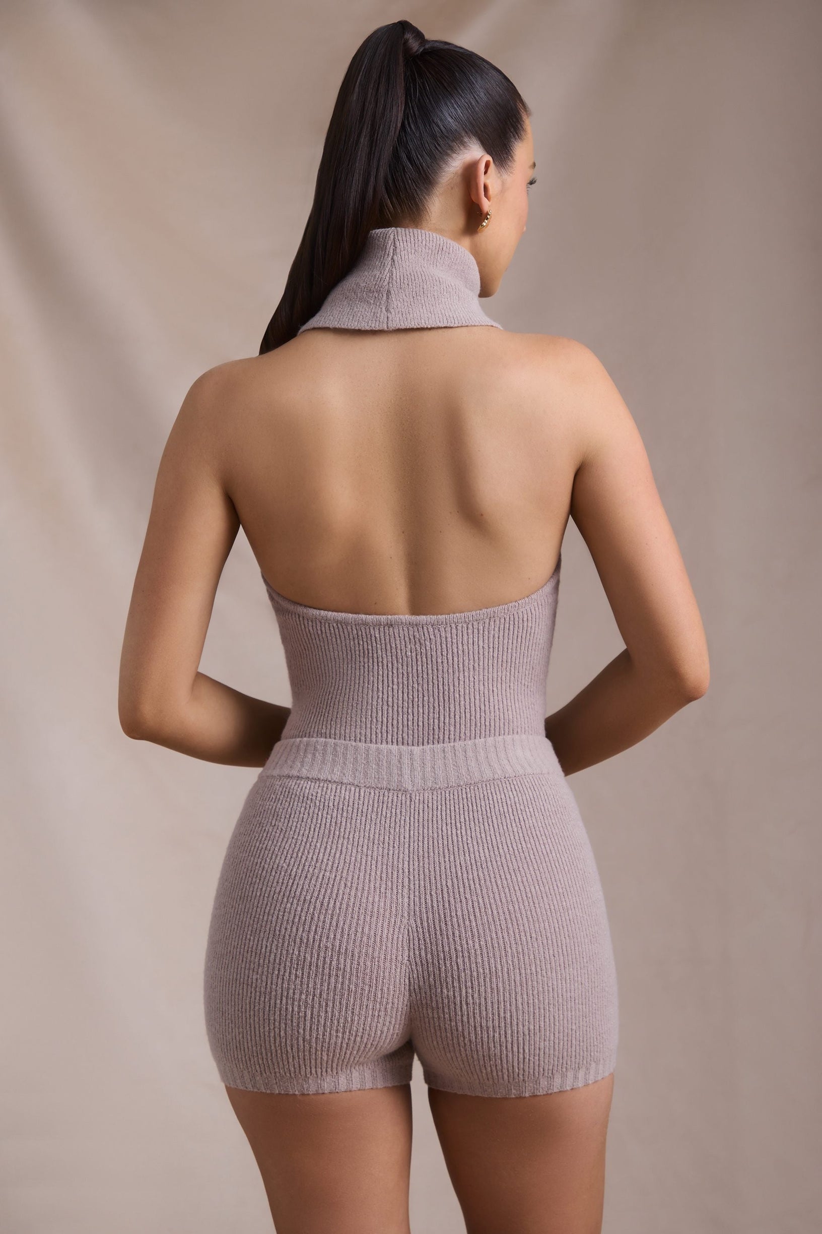 Ribbed-Knit Turtleneck Backless Top in Taupe - 2
