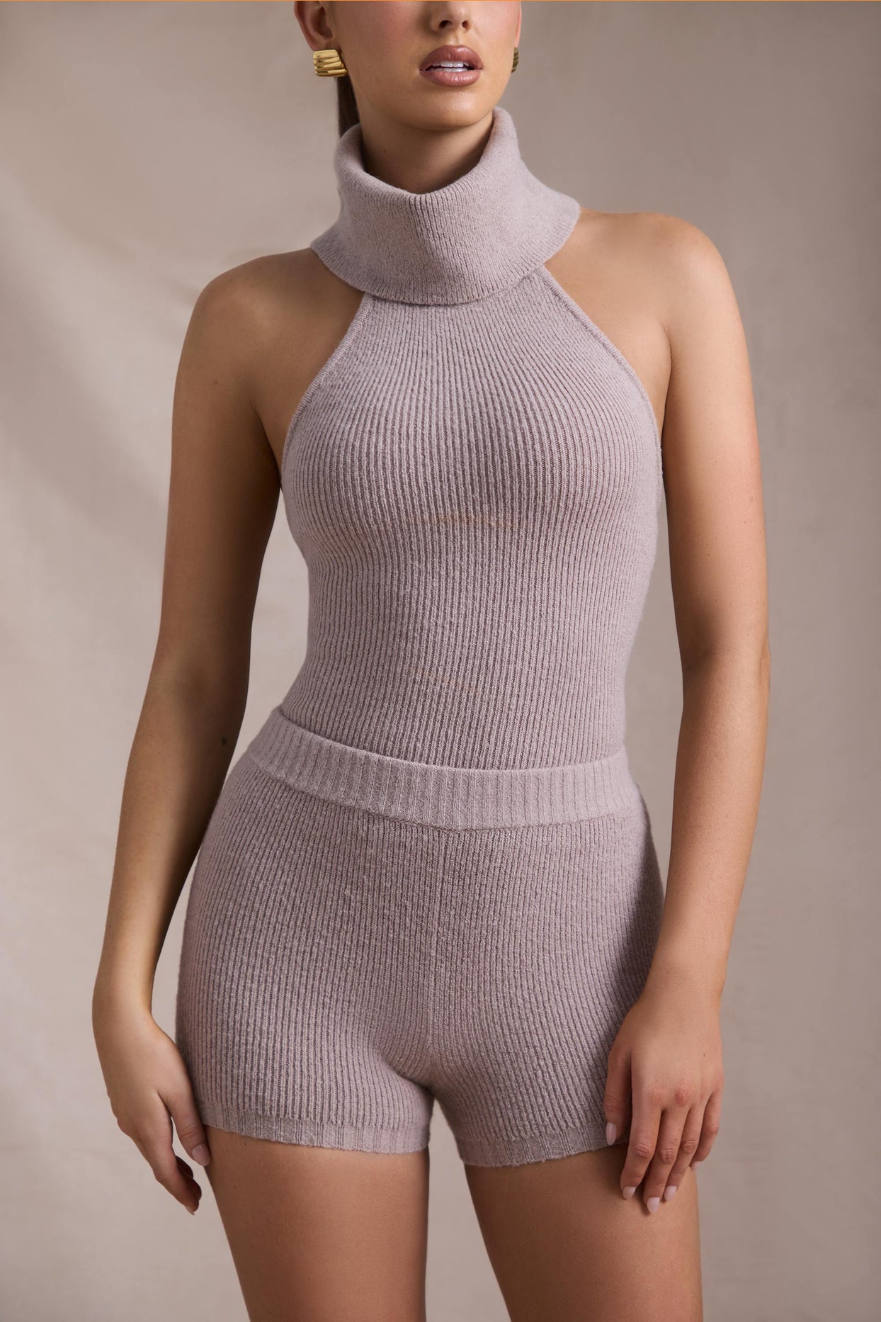 Ribbed-Knit Turtleneck Backless Top in Taupe