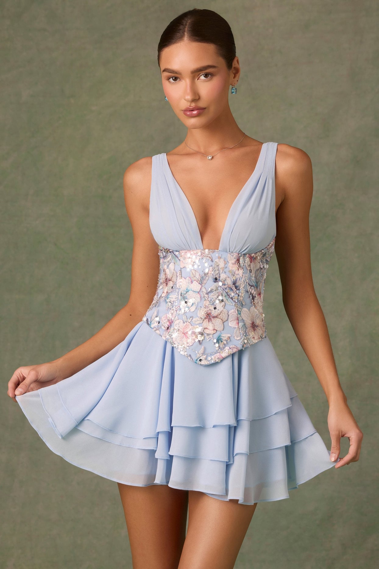 Sakura Corset Mini Dress with Tiered Skirt in Floral Blue | Oh Polly Sakura Corset Mini Dress with Tiered Skirt in Floral Blue | Oh Polly