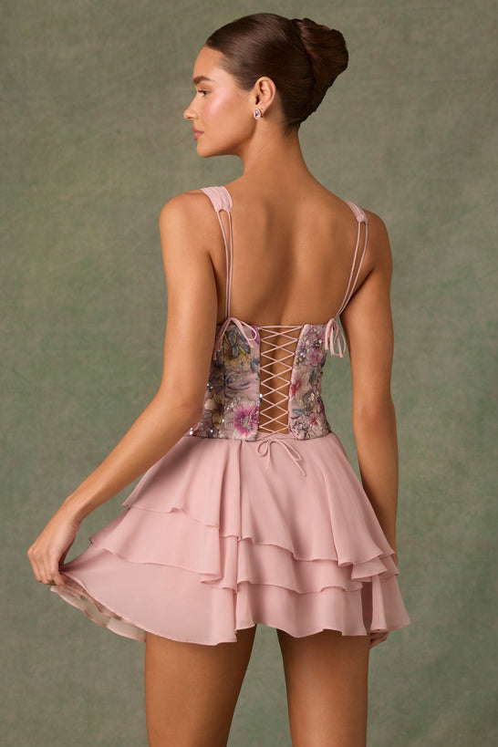 Sakura Embellished Ruffled Corset Mini Dress in Floral Pink | Oh Polly Sakura Embellished Ruffled Corset Mini Dress in Floral Pink | Oh Polly