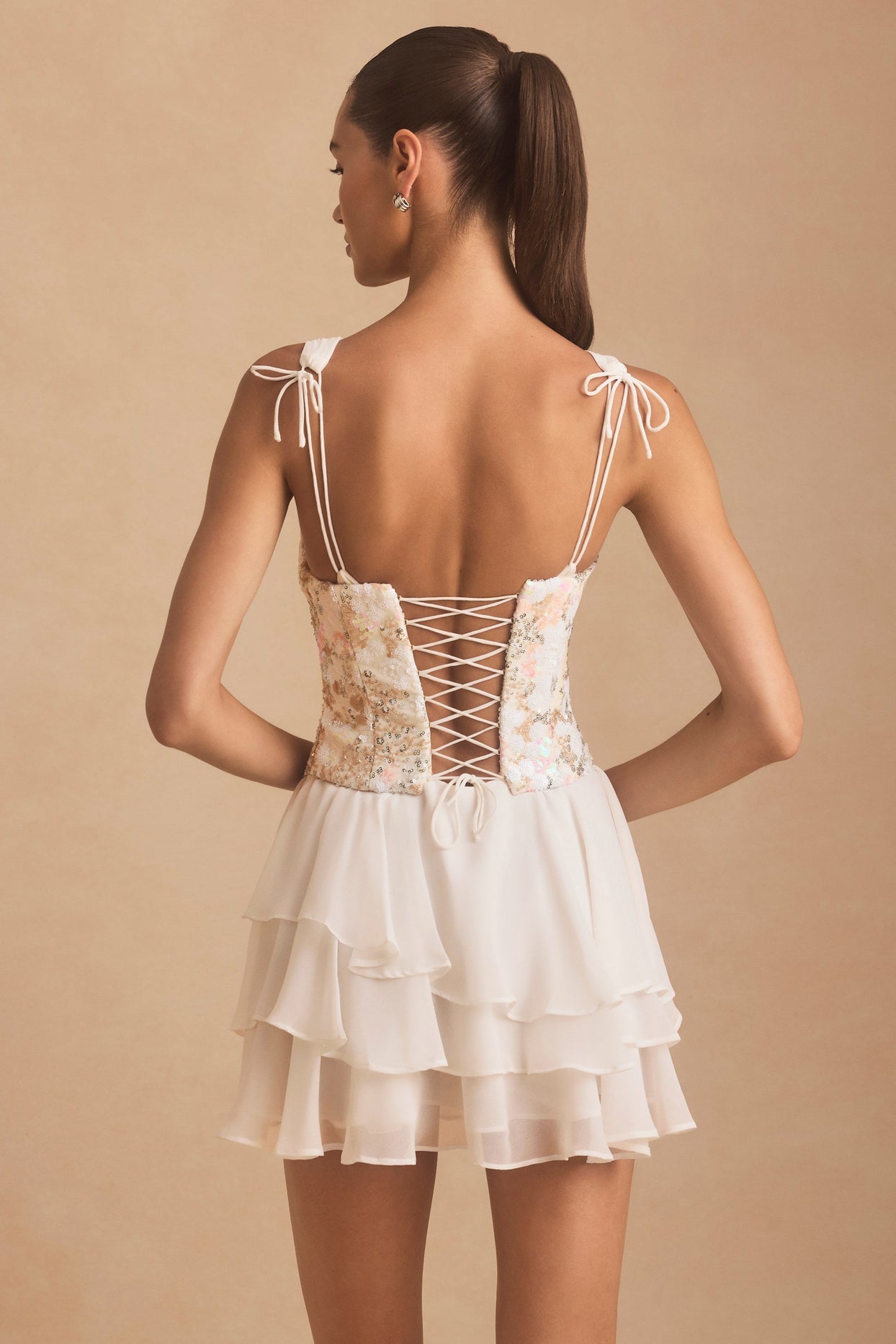 Sakura Embellished Ruffled Corset Mini Dress in Ivory