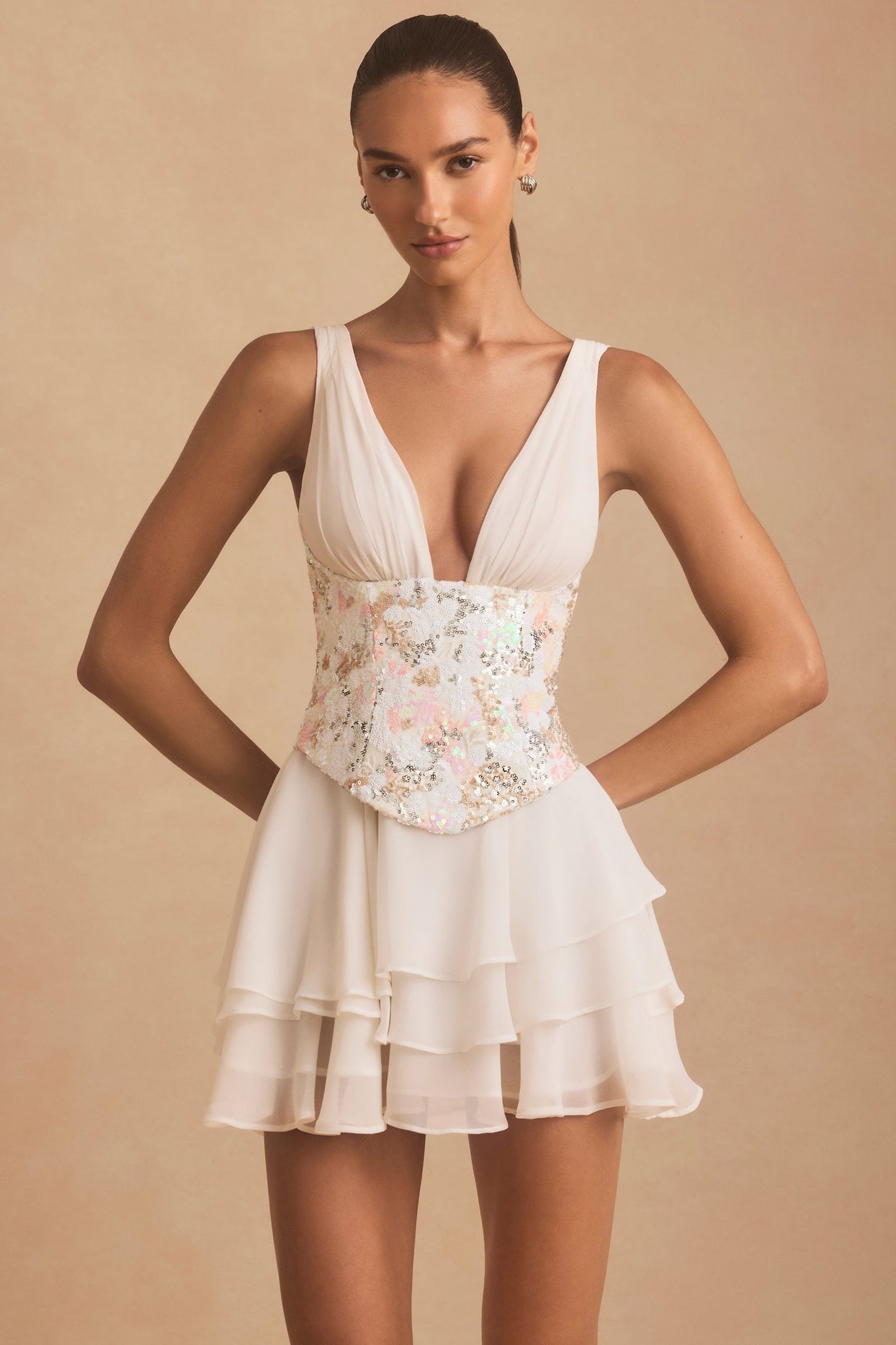 Sakura Embellished Ruffled Corset Mini Dress in Ivory