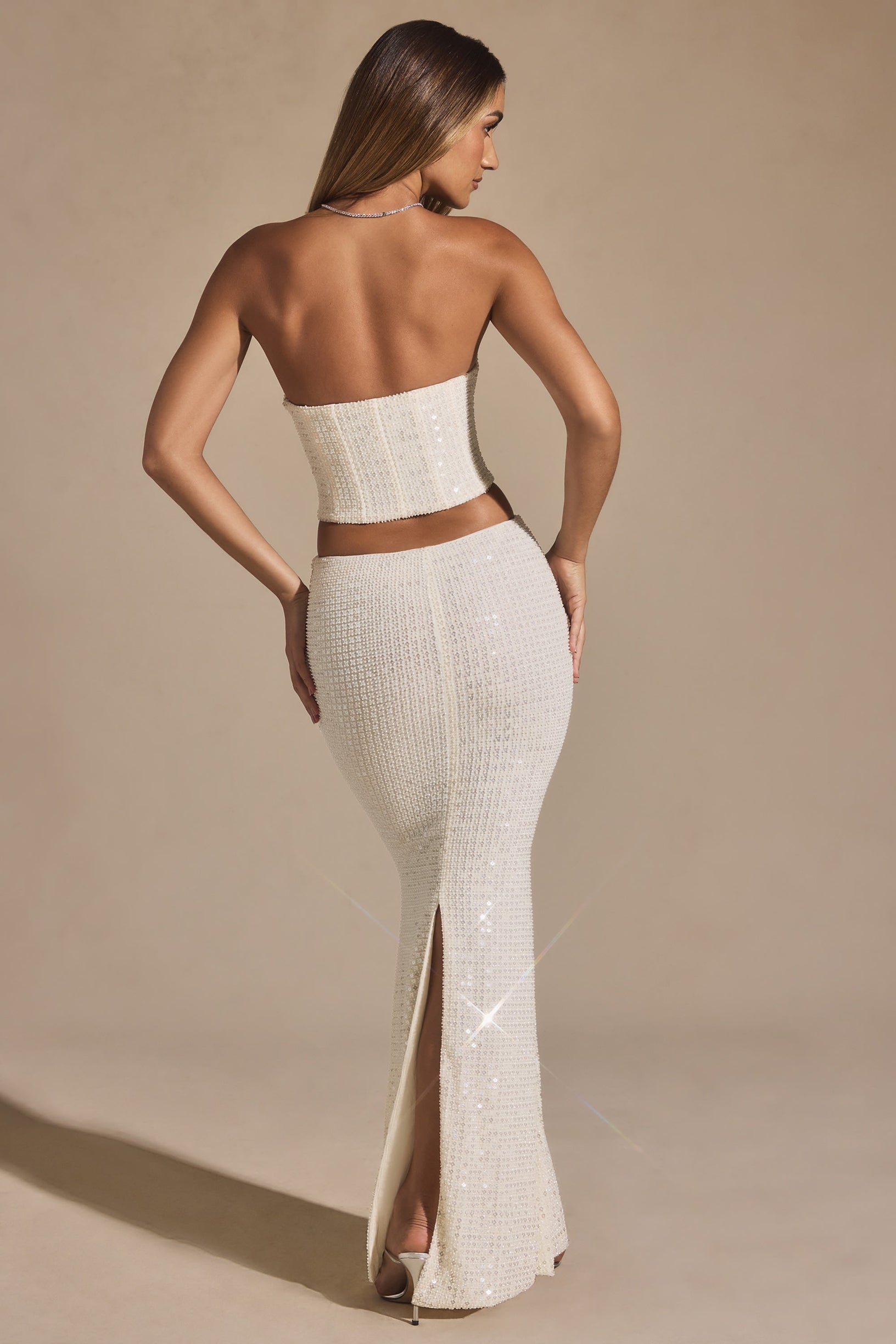 Embellished Cut-Out Draped Corset Gown in White - 2