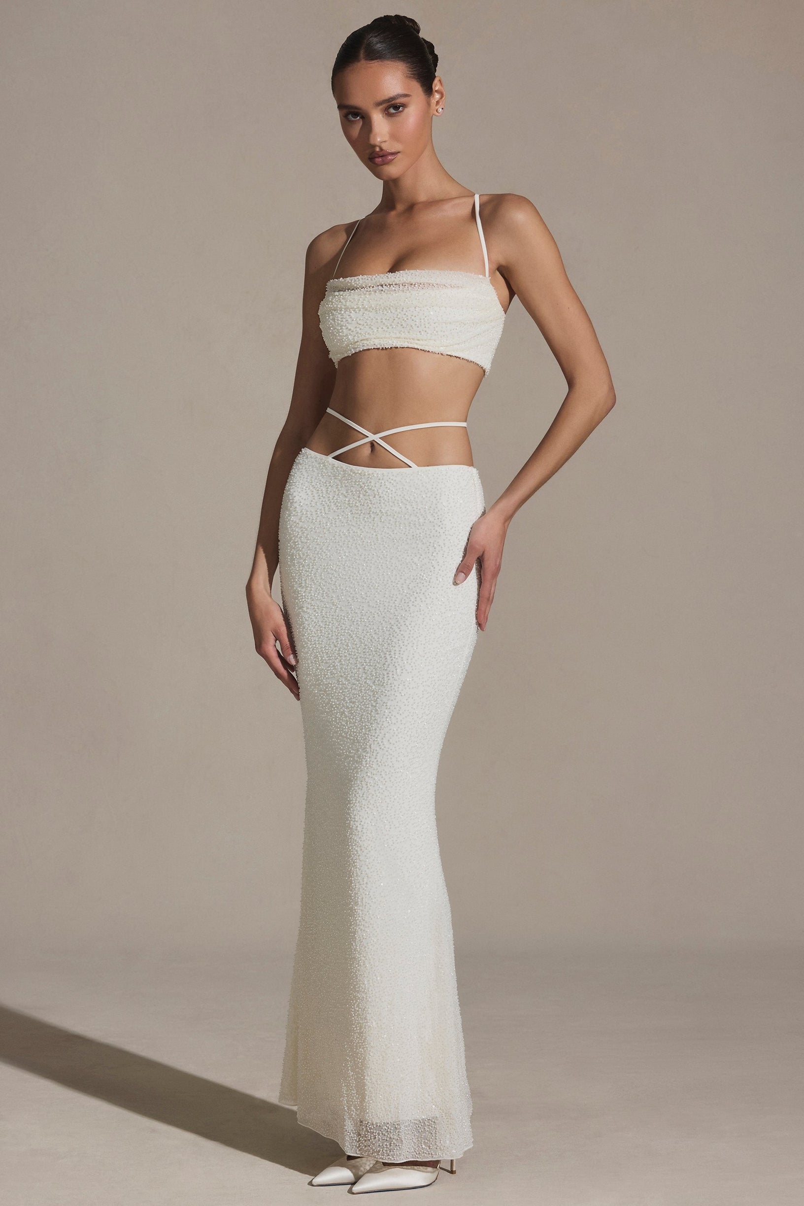 Embellished Strappy Maxi Skirt in White - 1