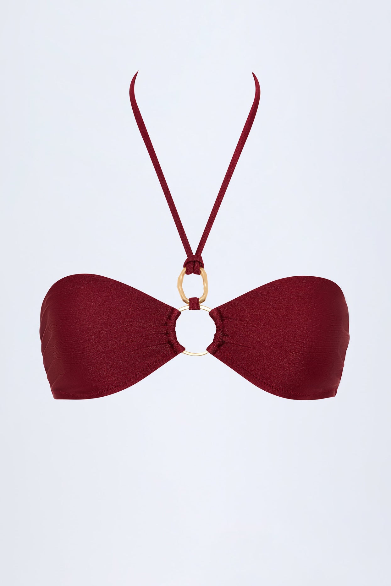 Hardware-Detail Ruched Halterneck Bikini Top in Dark Cherry