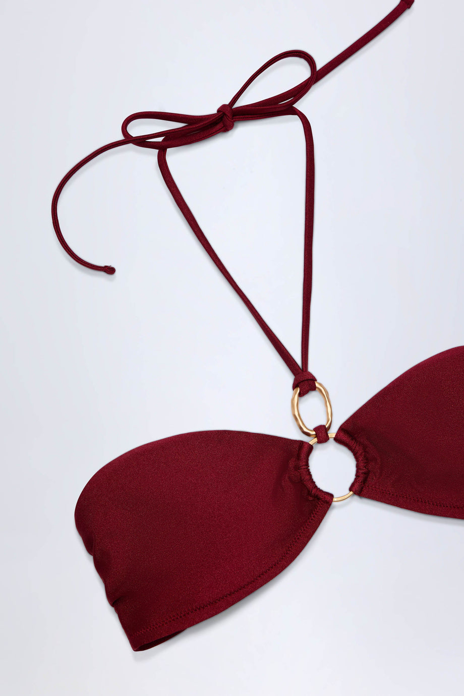 Hardware-Detail Ruched Halterneck Bikini Top in Dark Cherry