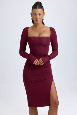 Modal Square-Neck Midi Dress in Wine Red