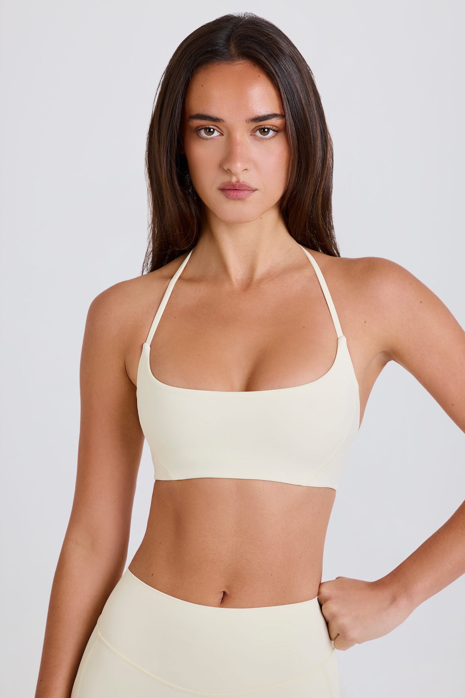 Scoop-Neck Halterneck Sports Bra in Cream - 1