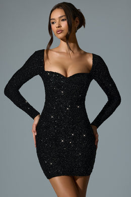 Embellished Sweetheart-Neck Mini Dress in Black