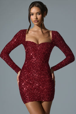 Embellished Sweetheart-Neck Mini Dress in Red