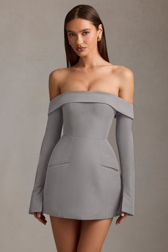 Off-Shoulder Structured A-Line Mini Dress in Grey Off-Shoulder Structured A-Line Mini Dress in Grey