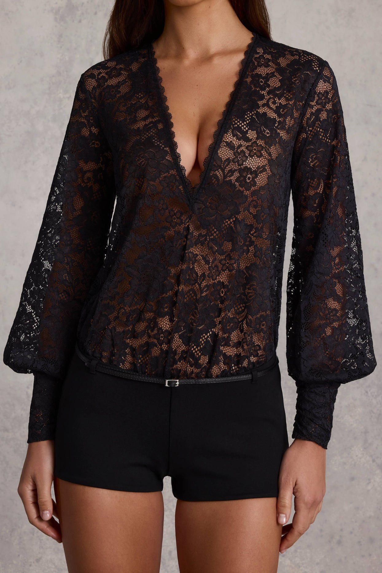 Plunge-Neck Lace Playsuit in Black