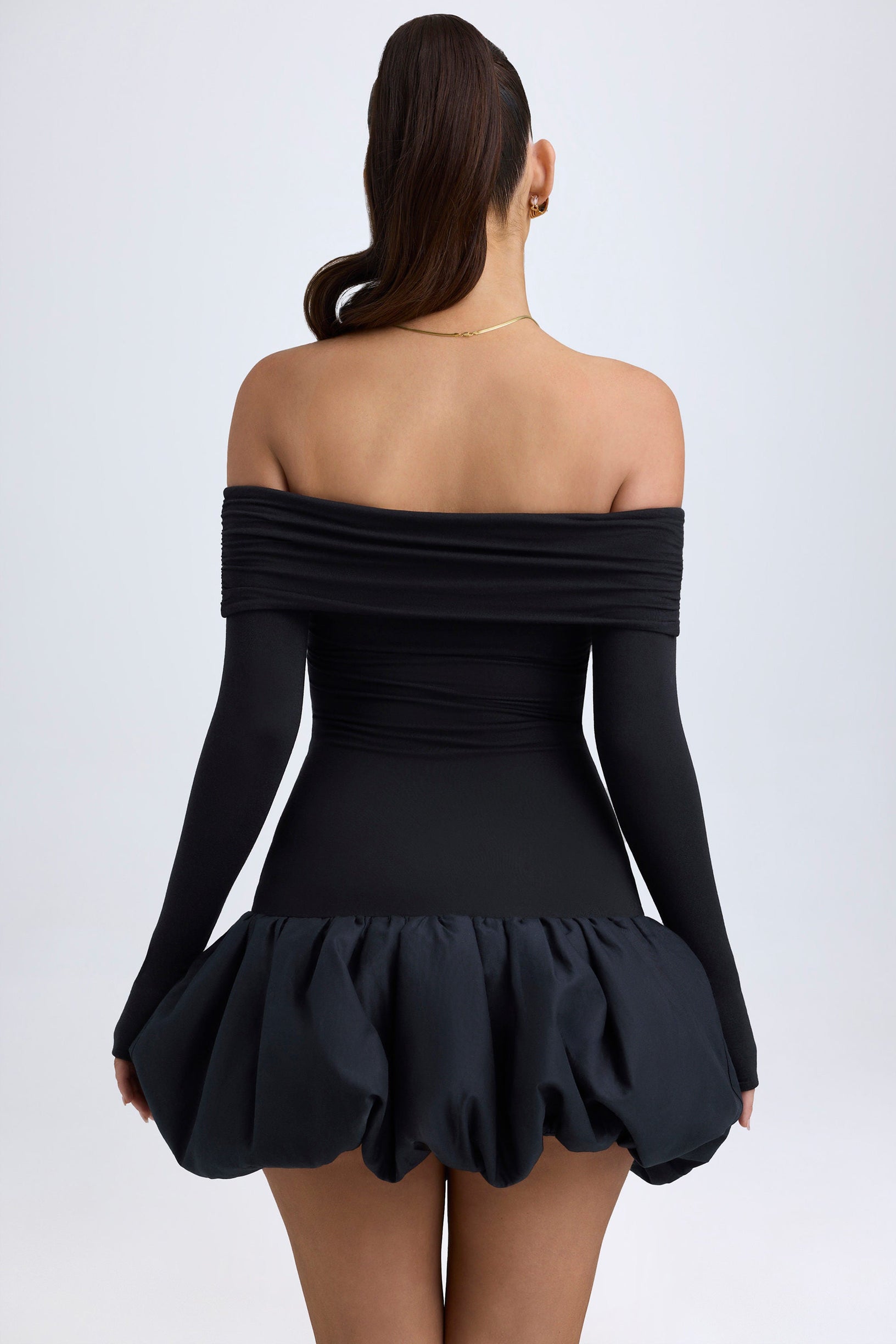 Modal Off-Shoulder Bubble Hem Mini Dress in Black - 2