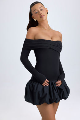 Modal Off-Shoulder Bubble Hem Mini Dress in Black