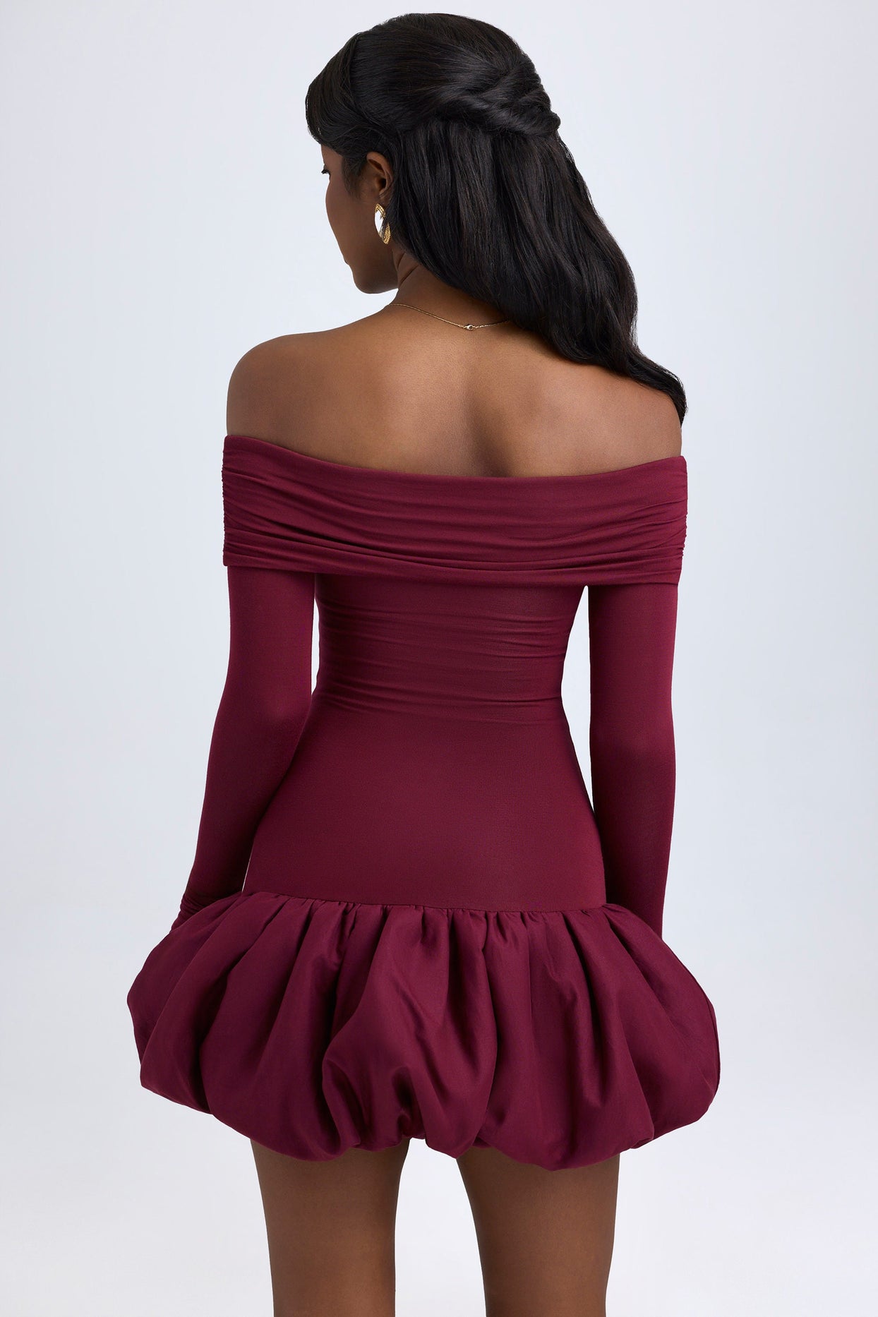 Modal Off-Shoulder Bubble Hem Mini Dress in Wine Red