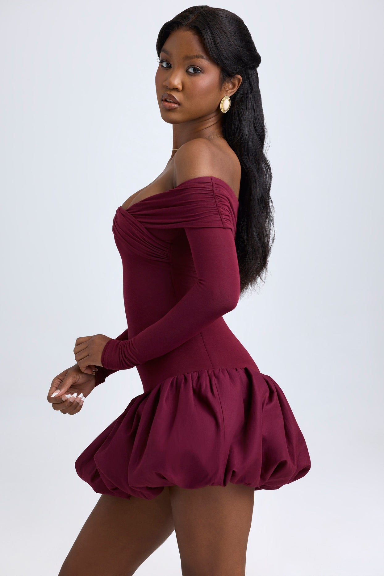 Modal Off-Shoulder Bubble Hem Mini Dress in Wine Red