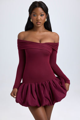 Modal Off-Shoulder Bubble Hem Mini Dress in Wine Red