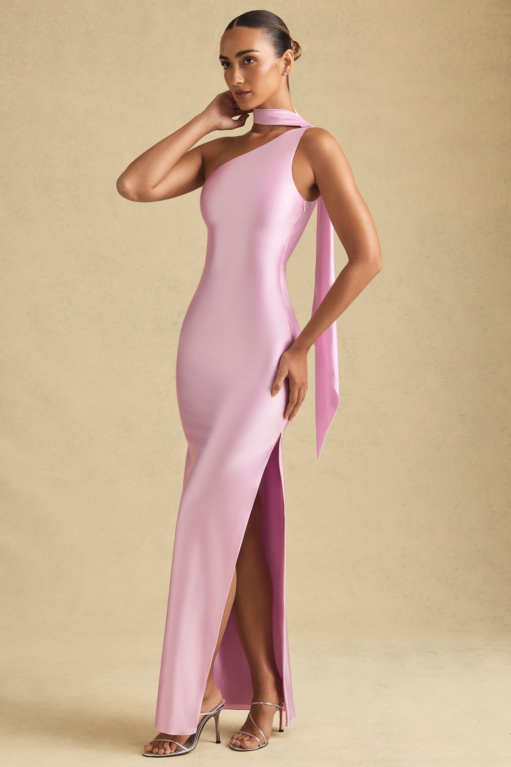 Asymmetric Scarf-Detail Maxi Dress in Soft Pink - 1