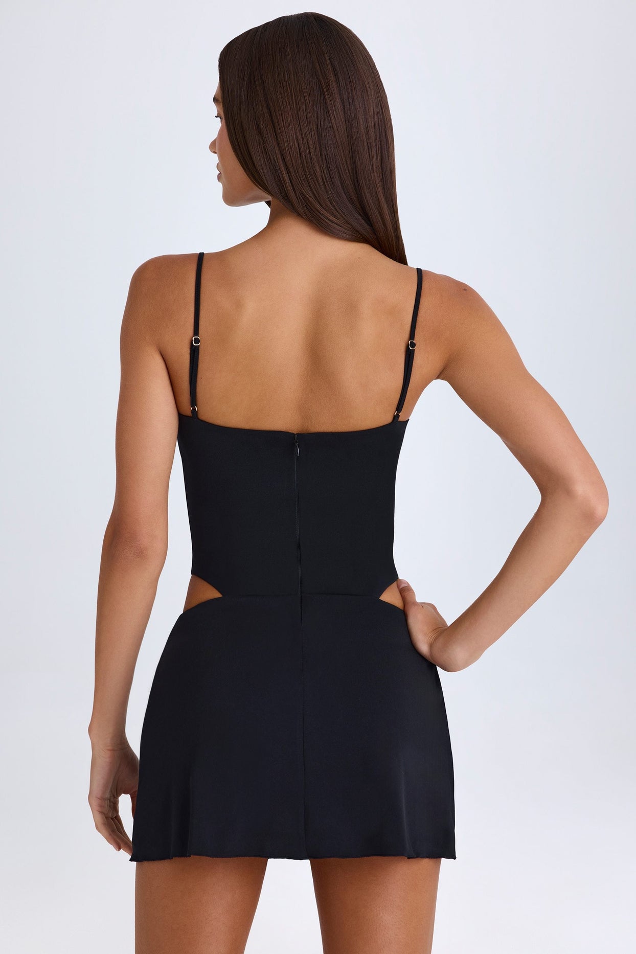 draped cut-out mini dress in black Women's PLT Label Black Satin Cowl Draped Mini Dress