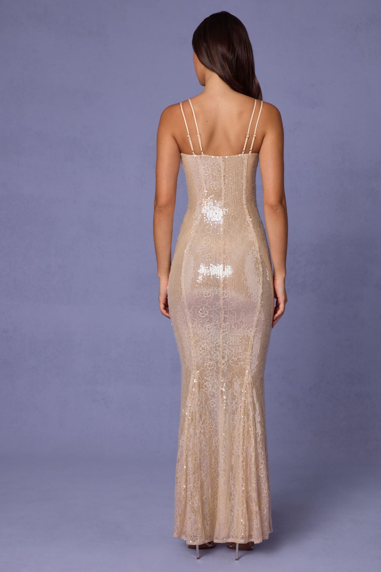 Embellished Square Neck Lace Gown in Pale Peach