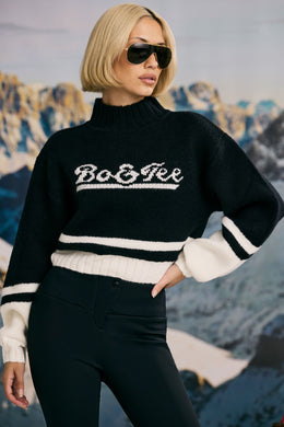 Cropped Chunky-Knit Turtleneck Jumper in Black