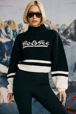 Cropped Chunky-Knit Turtleneck Jumper in Black