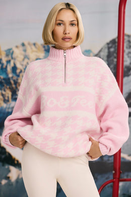 Oversized Half-Zip Chunky-Knit Jumper in Pastel Pink