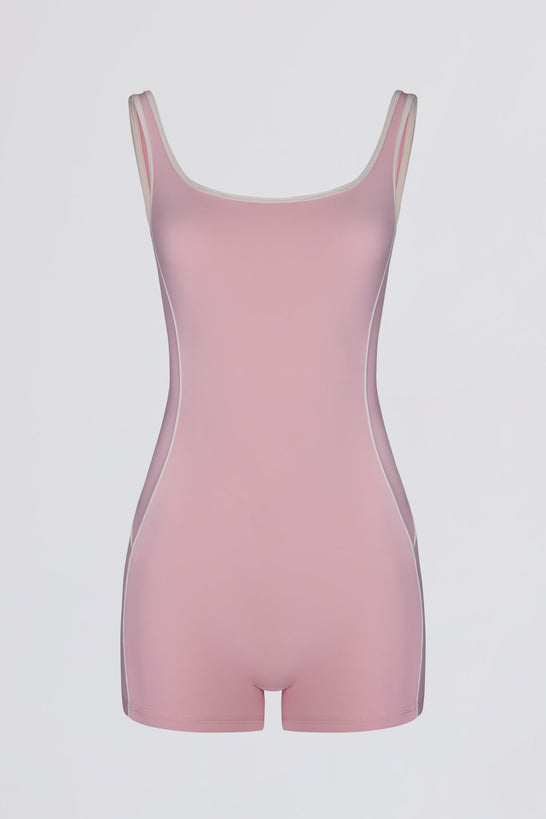 Soft Active Backless Contrast Unitard in Powder Pink
