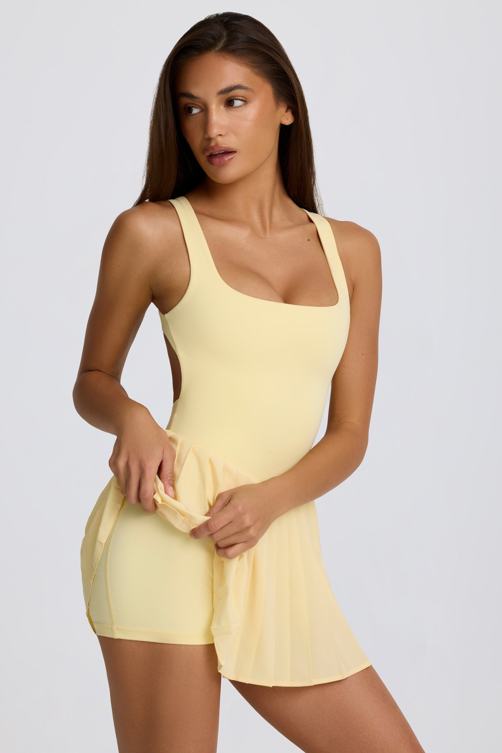 Soft Active Open-Back Pleated Tennis Dress in Lemon - 2