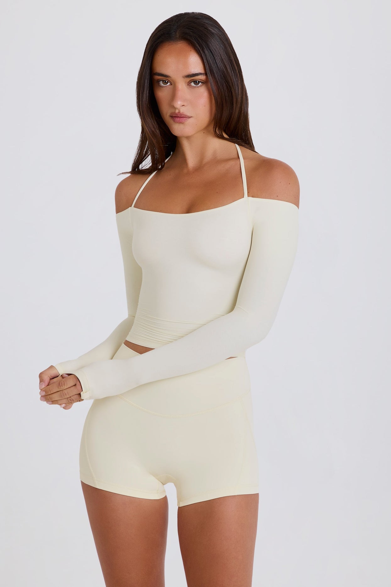 Soft Jersey Off-Shoulder Halterneck Longline Top in White