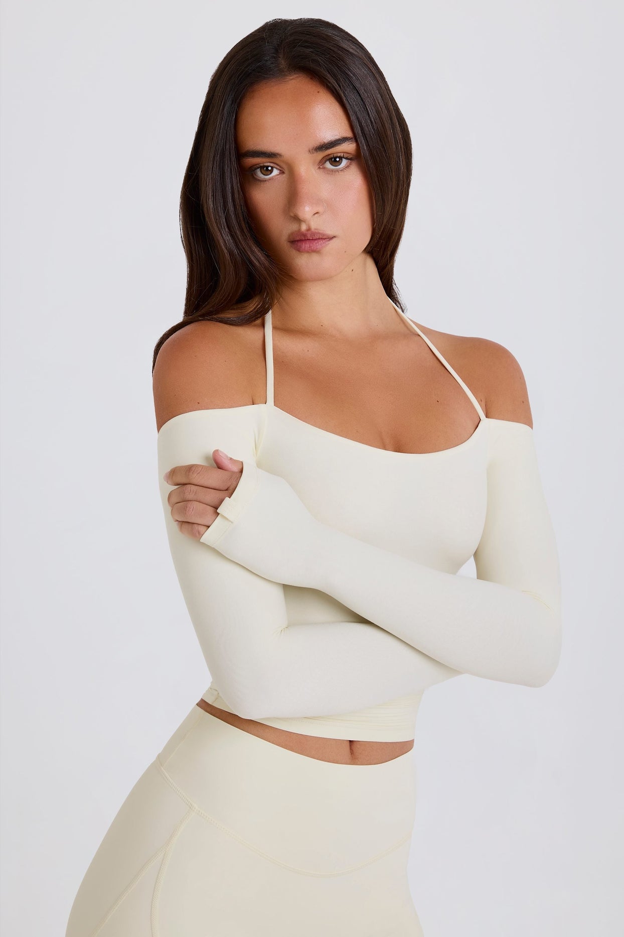 Soft Jersey Off-Shoulder Halterneck Longline Top in White