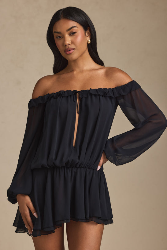Off-Shoulder Asymmetric Balloon-Sleeve Mini Dress in Black