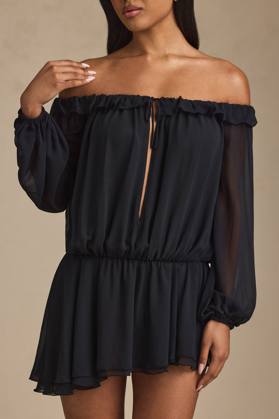 Off-Shoulder Asymmetric Balloon-Sleeve Mini Dress in Black