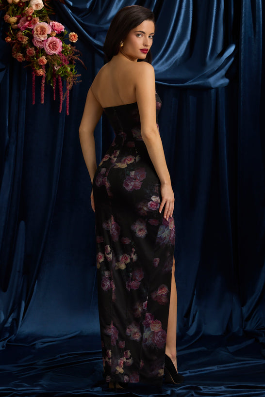 Strapless Cowl-Neck Maxi Dress in Black Floral Print