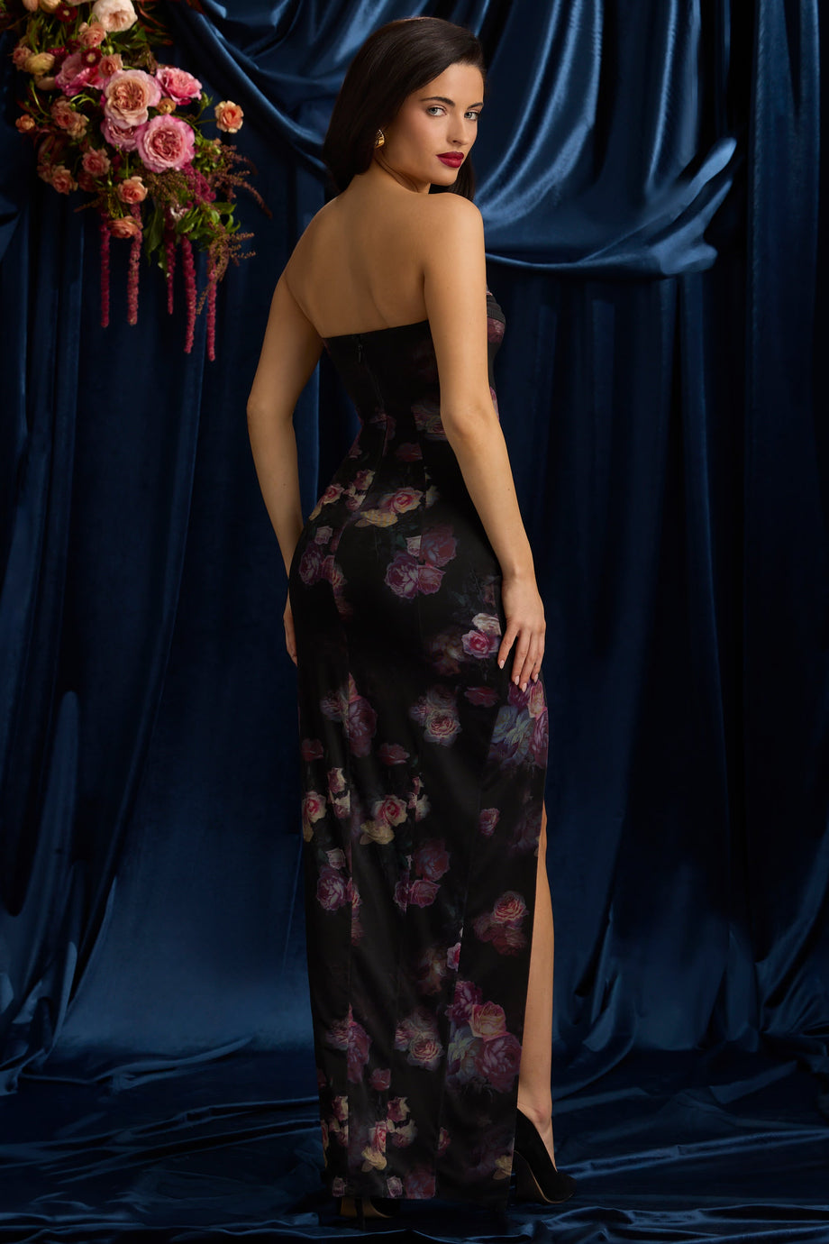 Strapless Cowl-Neck Maxi Dress in Black Floral Print