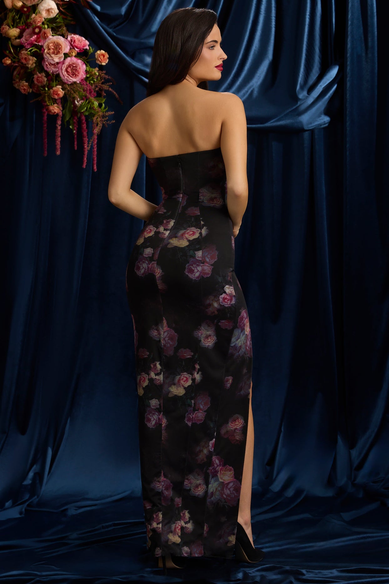 Strapless Cowl-Neck Maxi Dress in Black Floral Print