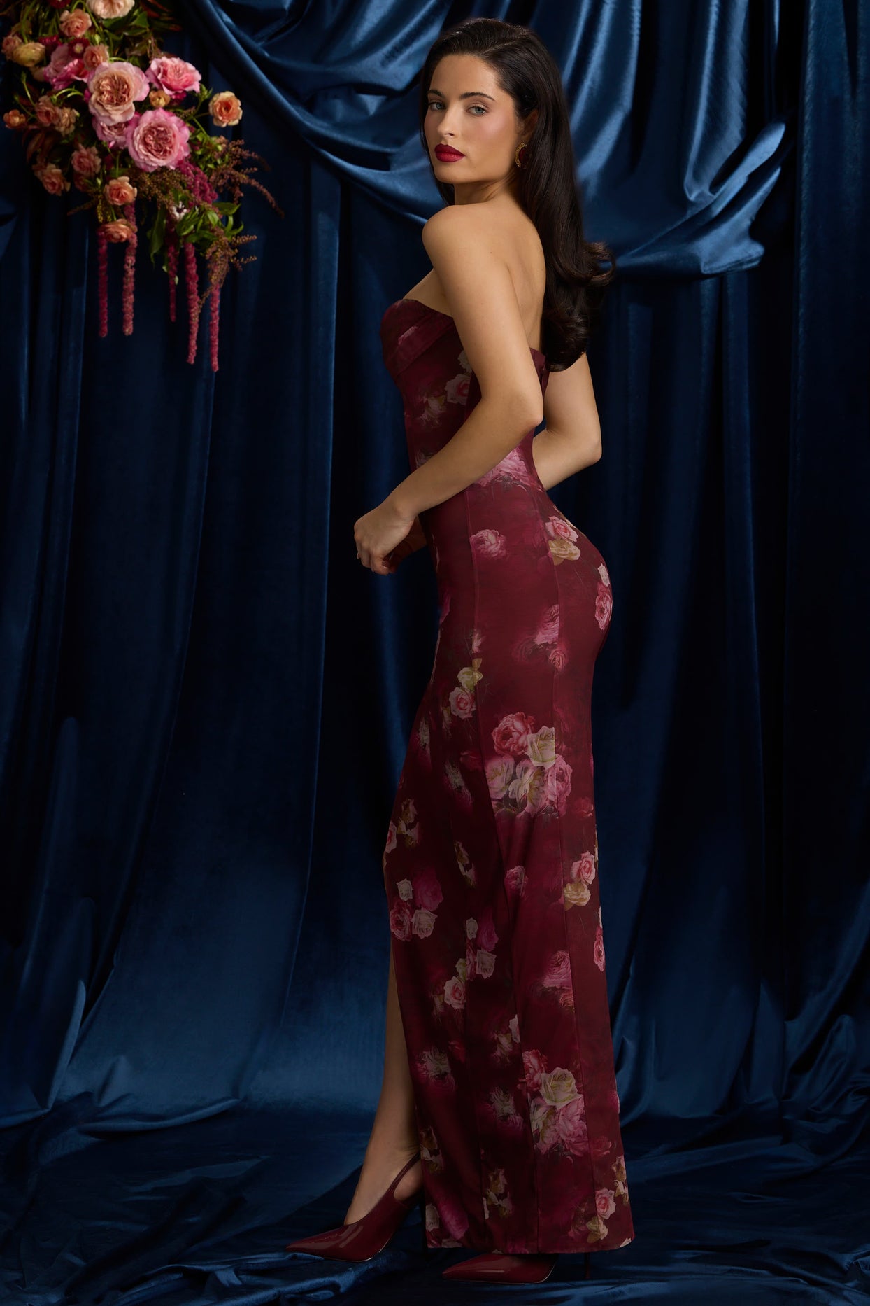 Strapless Cowl-Neck Maxi Dress in Maroon Floral Print