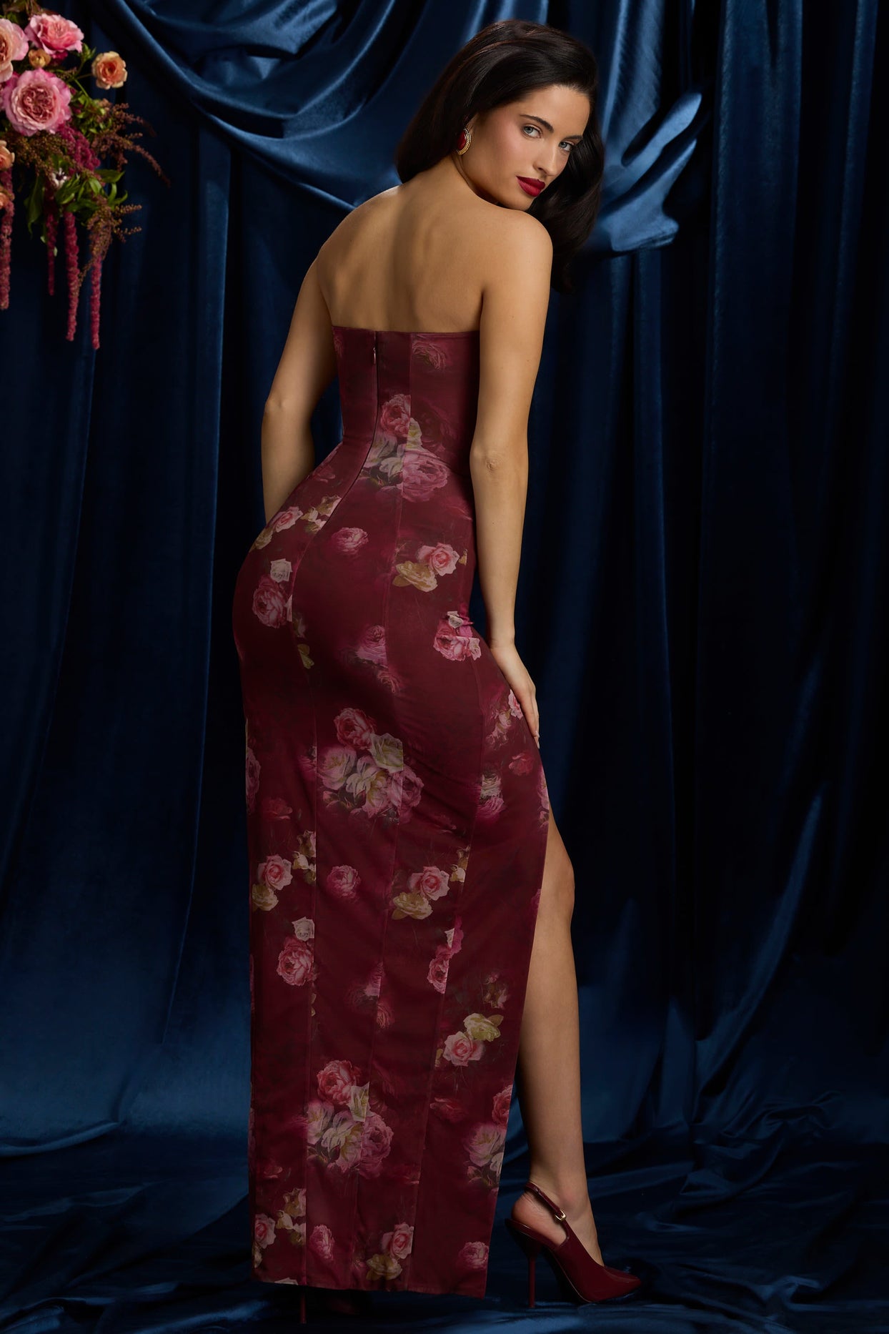 Strapless Cowl-Neck Maxi Dress in Maroon Floral Print