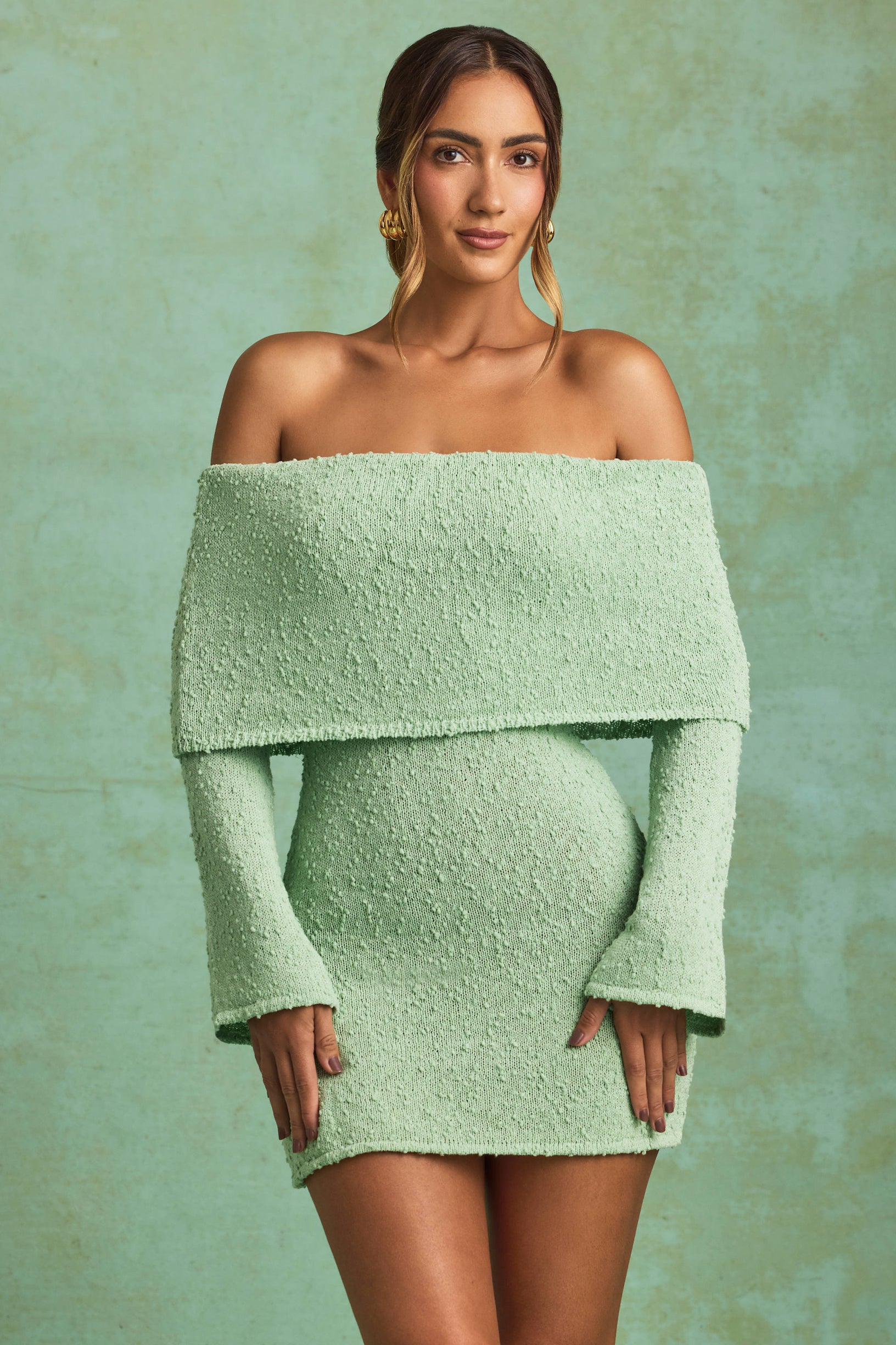 Bouclé Off-Shoulder Mini Dress in Mint - 1