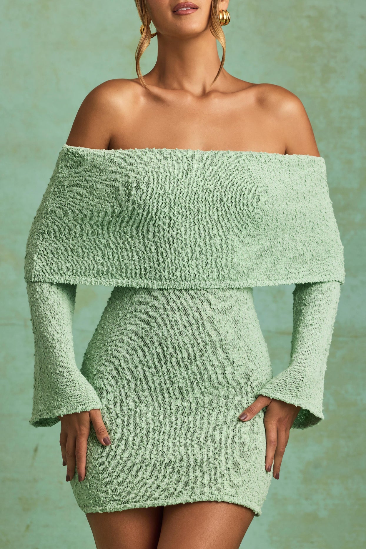 Bouclé Off-Shoulder Mini Dress in Mint