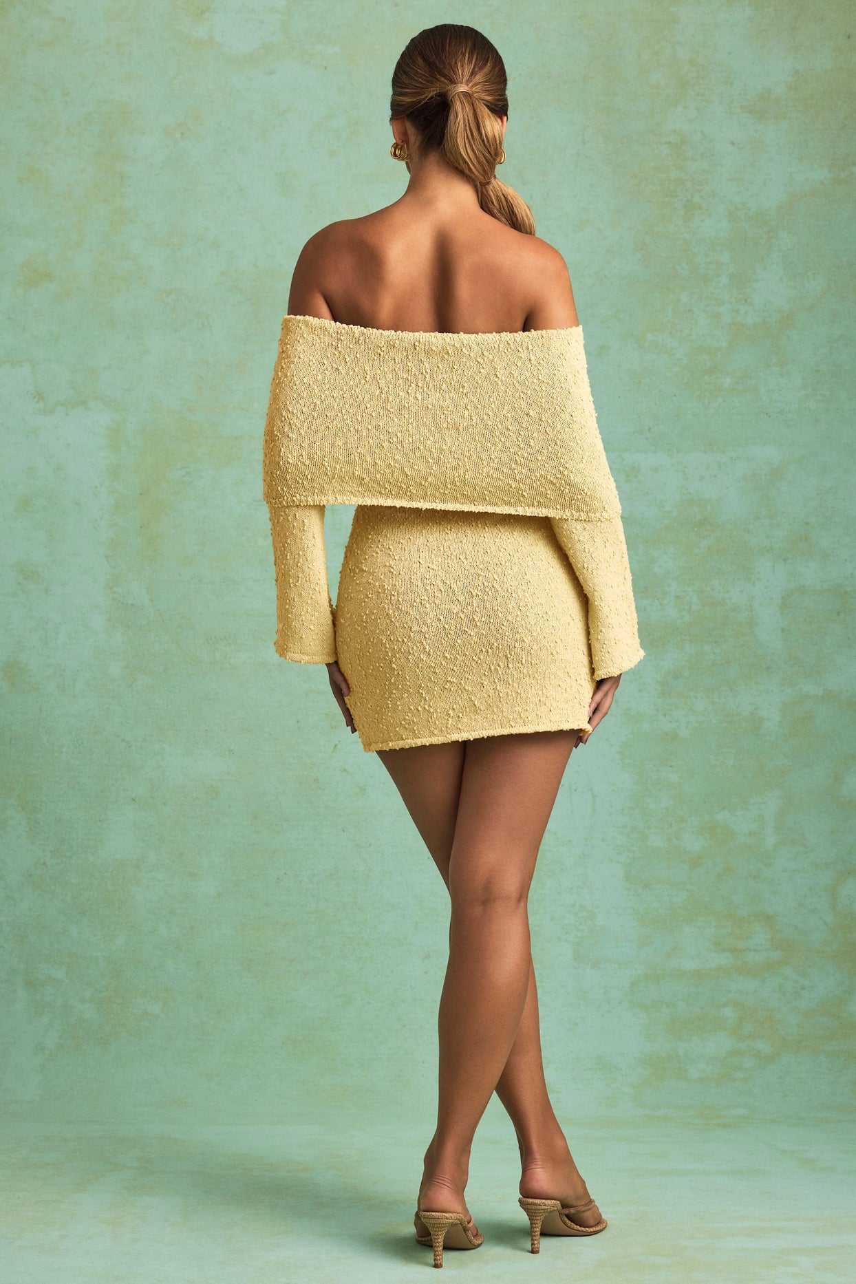 Bouclé Off-Shoulder Mini Dress in Yellow