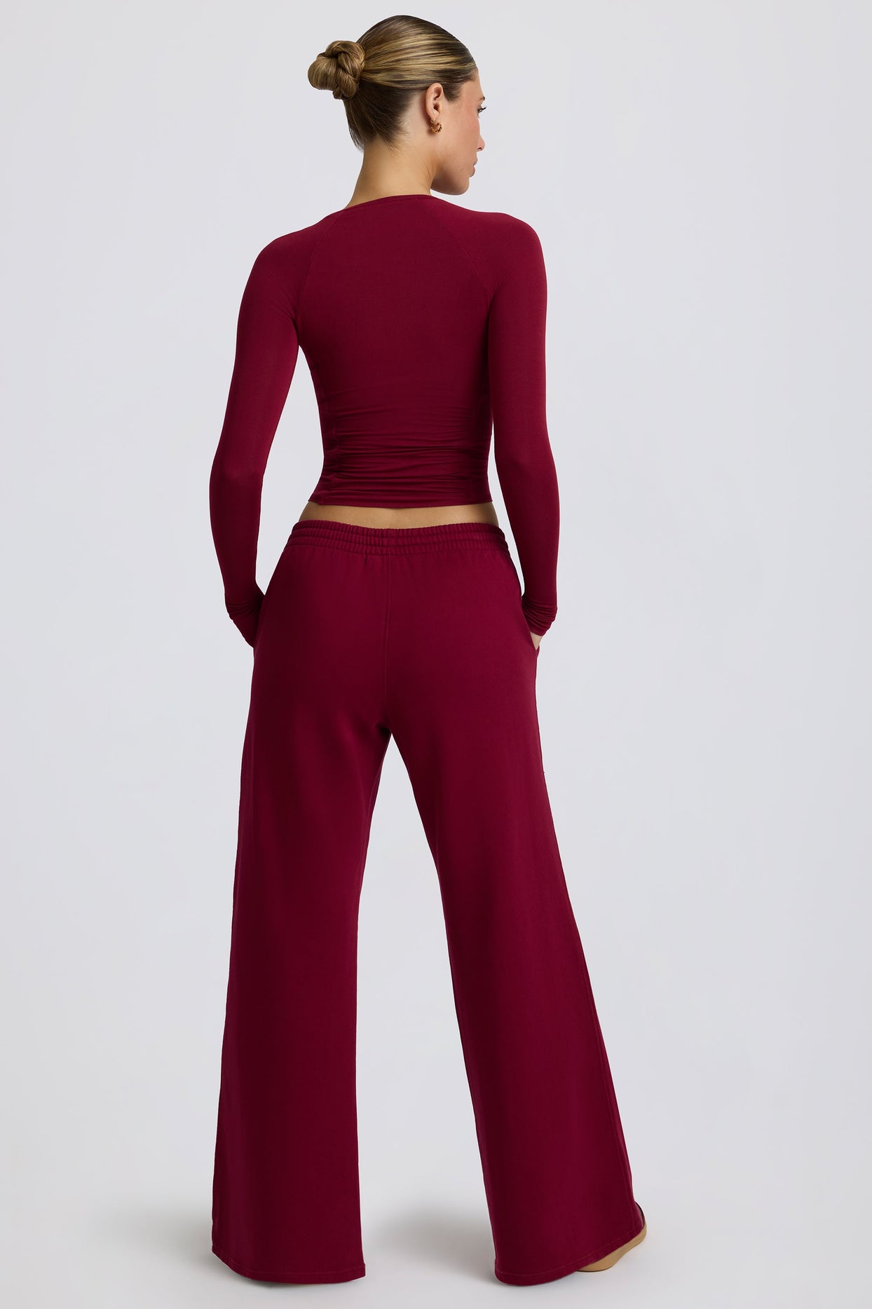 Low-Rise Wide-Leg Joggers in Burgundy