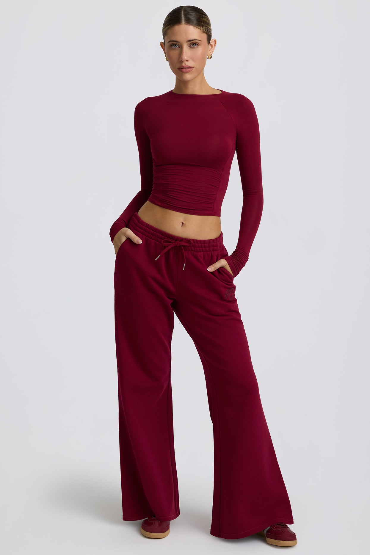 Low-Rise Wide-Leg Joggers in Burgundy