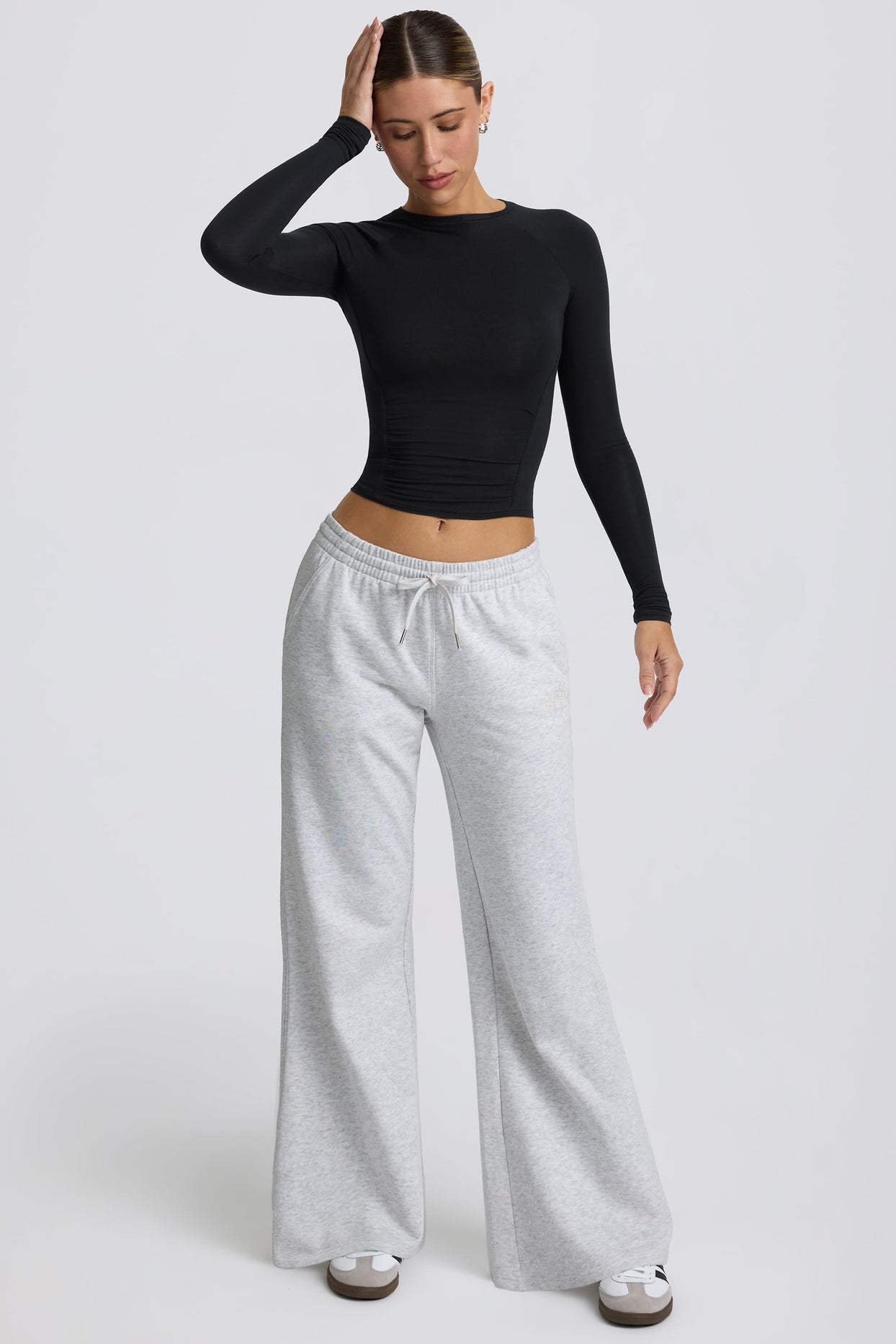 Low-Rise Wide-Leg Joggers in Grey Marl