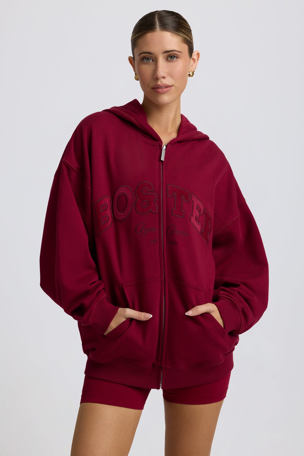 Oversized Zip-Up Hoodie in Burgundy