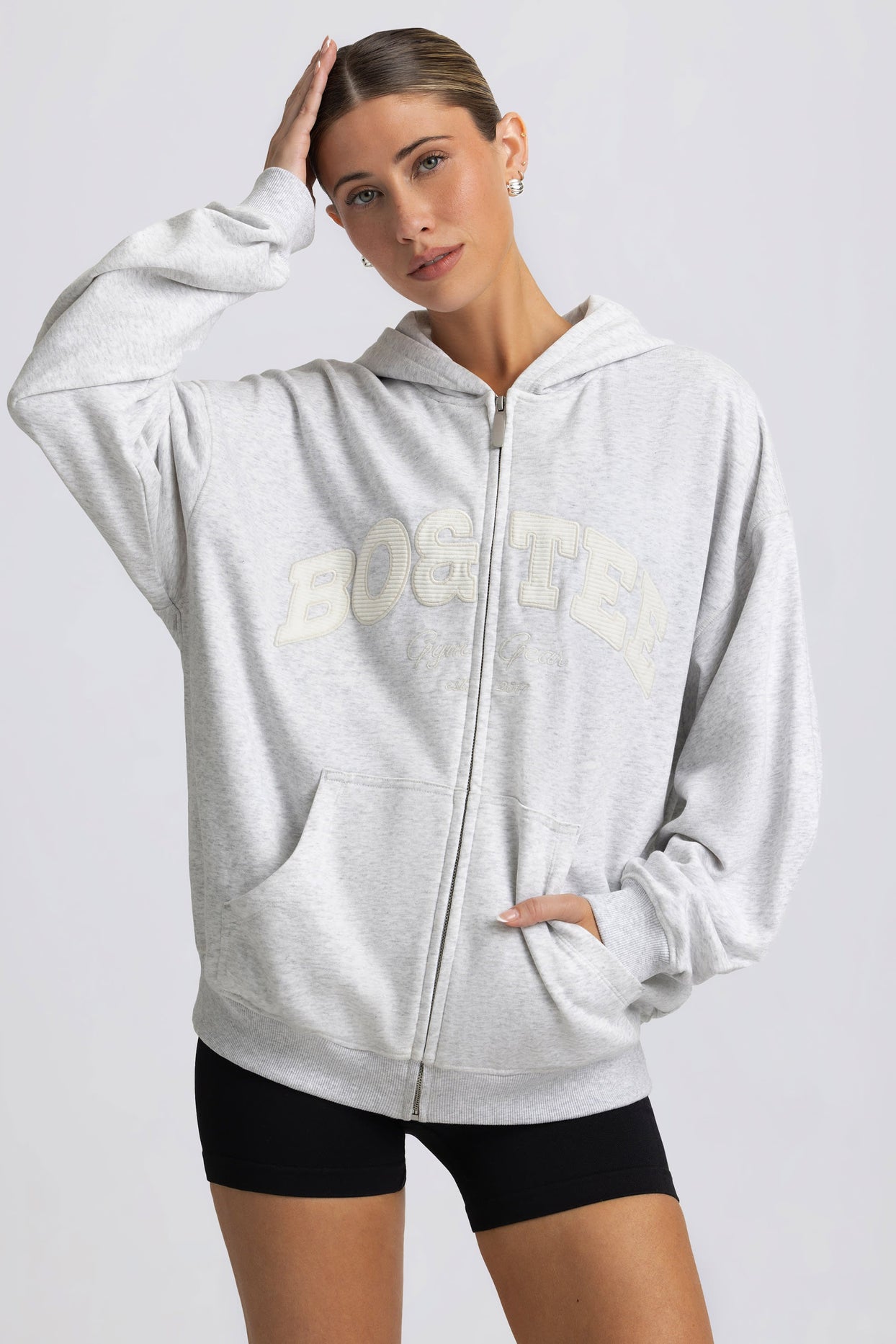 Oversized Zip-Up Hoodie in Grey Marl