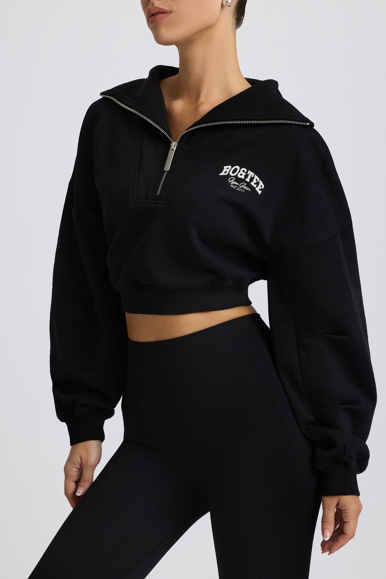 Quarter-Zip Cropped Sweatshirt in Black