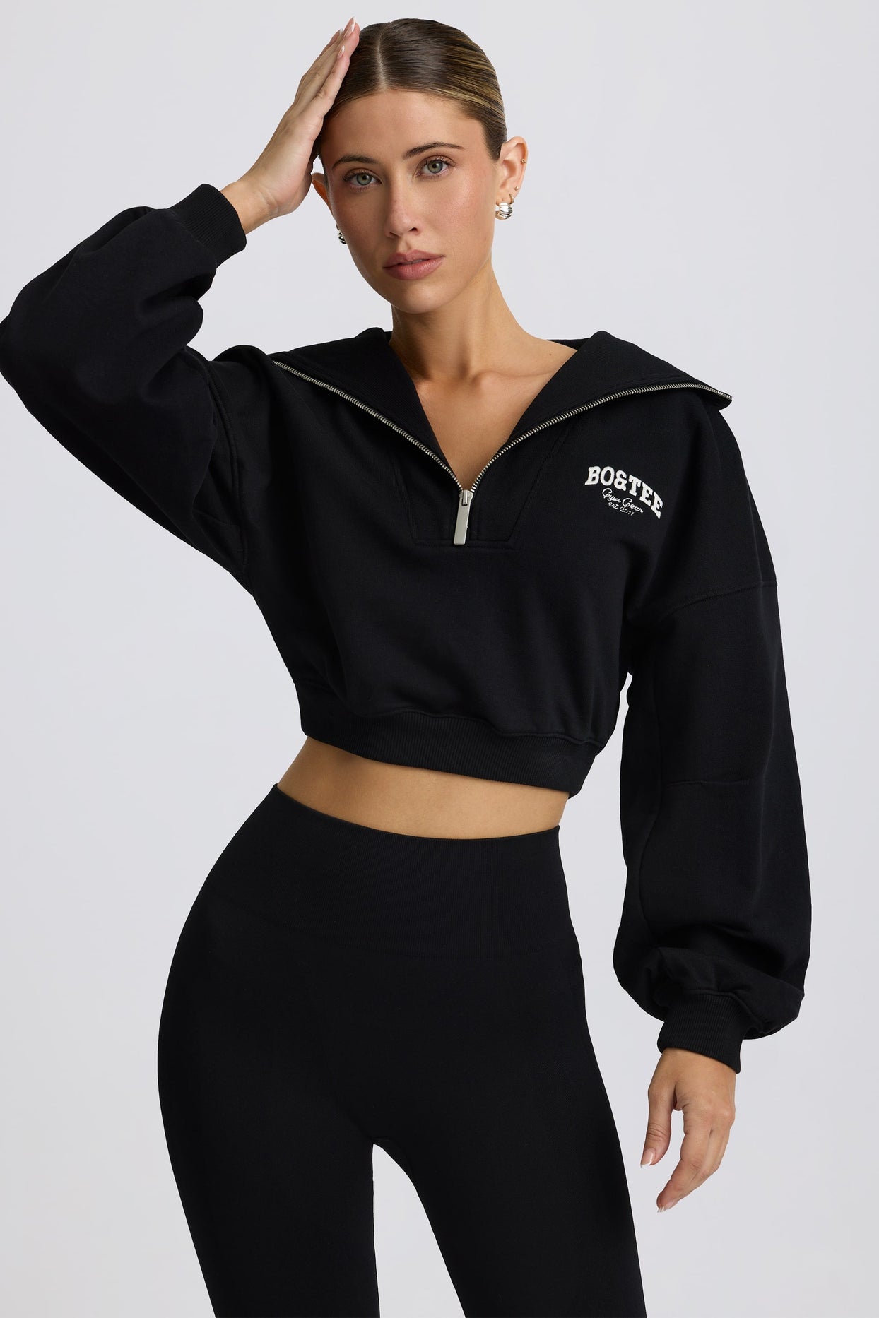 Quarter-Zip Cropped Sweatshirt in Black