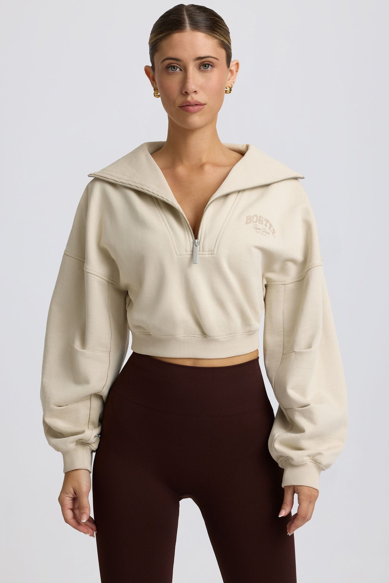 Quarter-Zip Cropped Sweatshirt in Bone