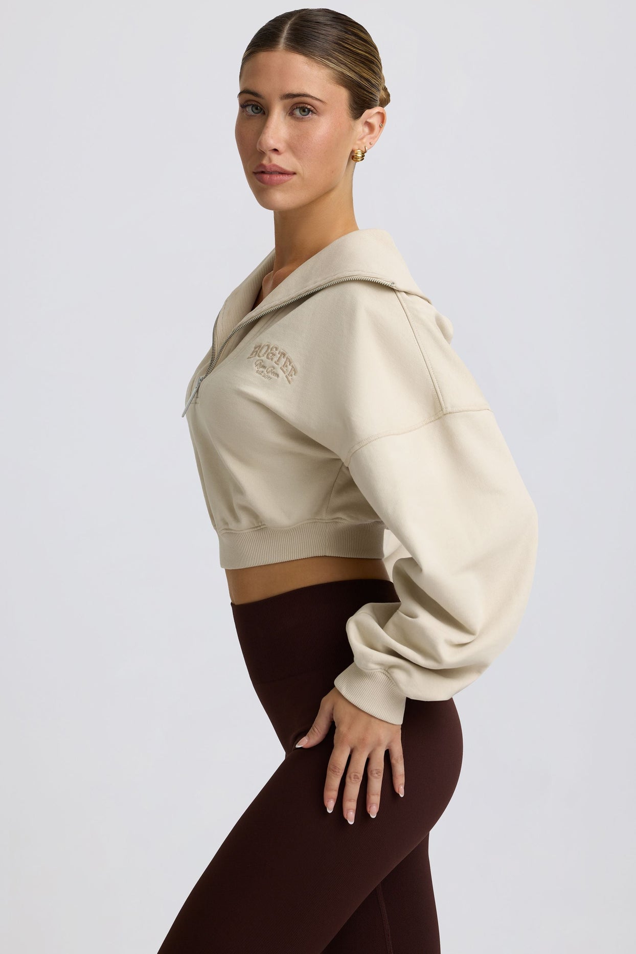 Quarter-Zip Cropped Sweatshirt in Bone